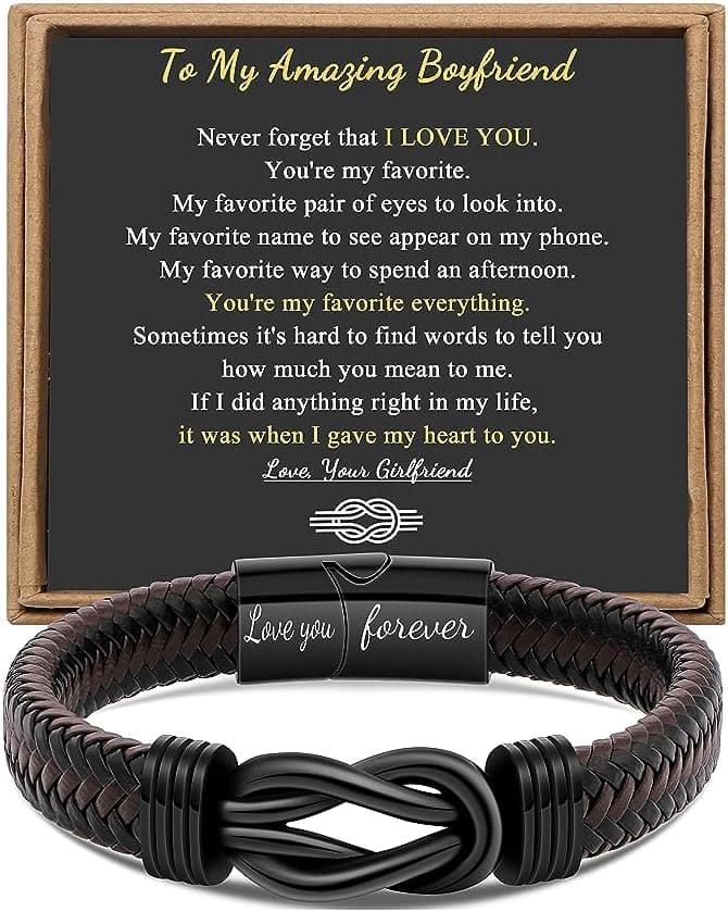 Men's Infinity Bracelet - Brown Braided Leather & Stainless Steel
