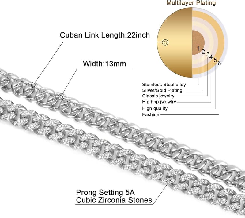 Men's 13MM Gold/Silver Cuban Link Necklace - Iced Out Hip Hop Jewelry