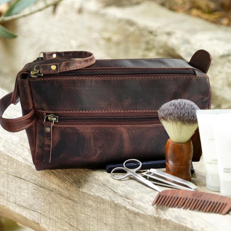 Buffalo Leather Toiletry Bag - Vintage Travel Dopp Kit