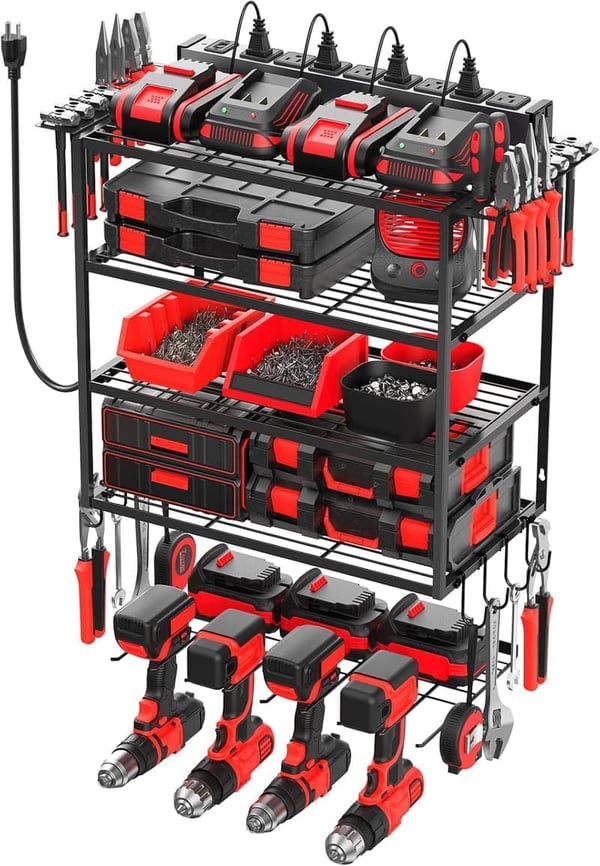 Wall-Mounted Tool Organizer with Charging Station and Hooks