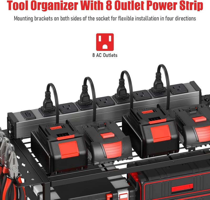 Wall-Mounted Tool Organizer with Charging Station and Hooks