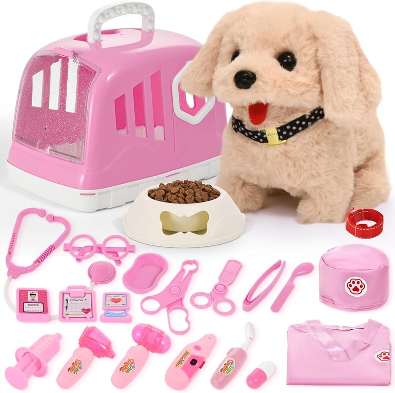 Interactive Dog Vet Kit for Kids - 24pcs Role Play Set (Pink)