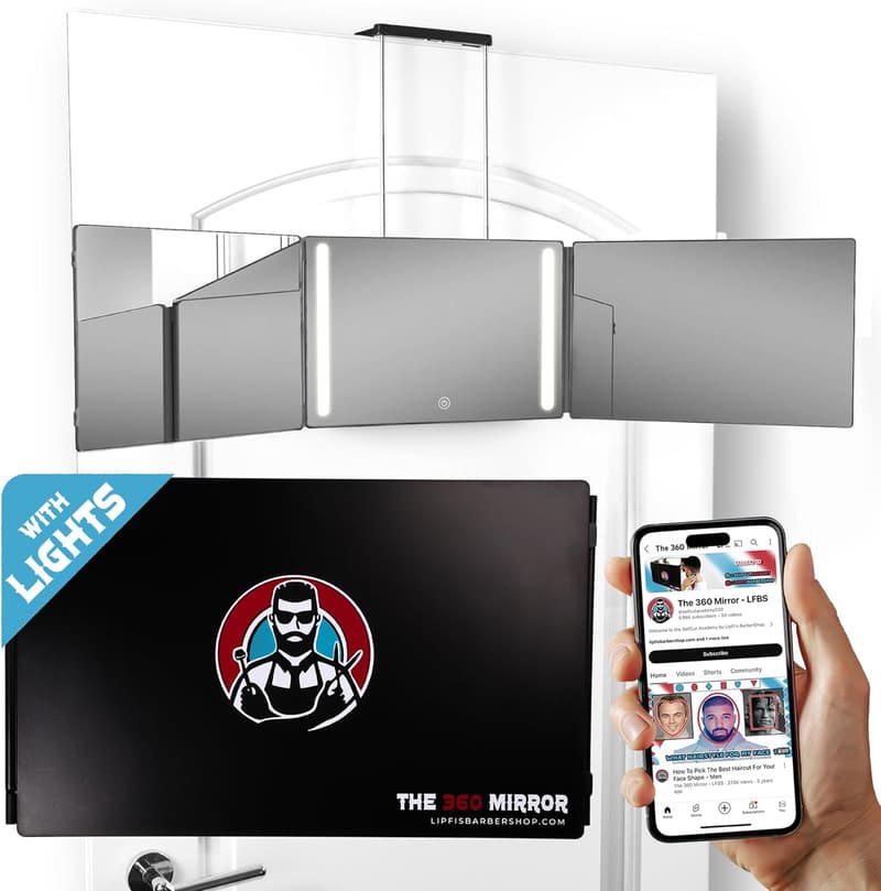 360° Adjustable 3-Way Mirror with LED Lights for Hair Cutting