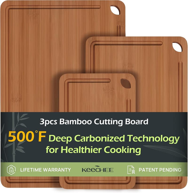 Durable Bamboo Cutting Board with Juice Grooves & Handles