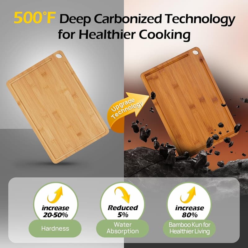 Durable Bamboo Cutting Board with Juice Grooves & Handles