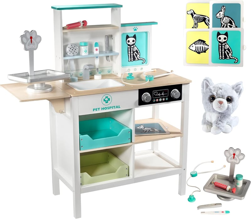 Interactive Wooden Vet Hospital Playset with Toy Cat