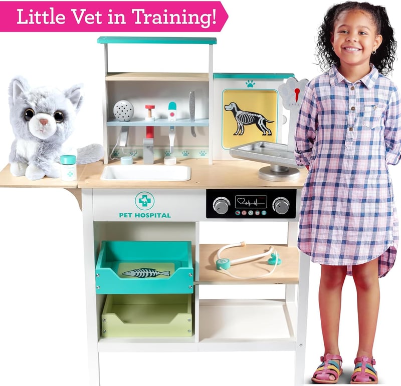 Interactive Wooden Vet Hospital Playset with Toy Cat