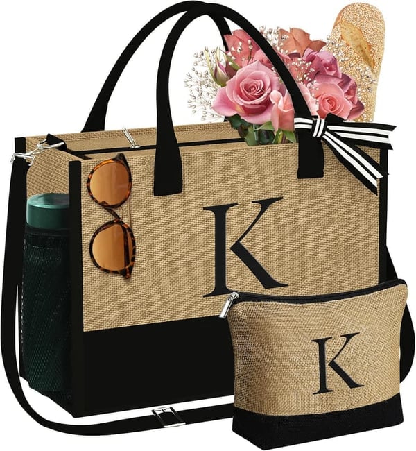 Personalized Initial Jute Tote & Makeup Bag for Women