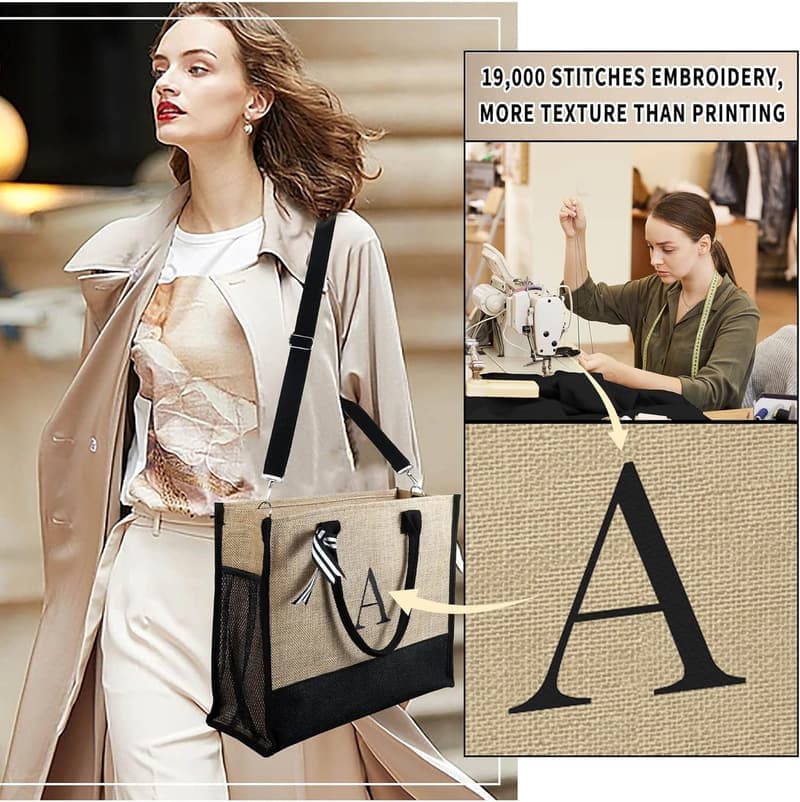 Personalized Initial Jute Tote & Makeup Bag for Women