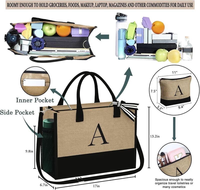 Personalized Initial Jute Tote & Makeup Bag for Women