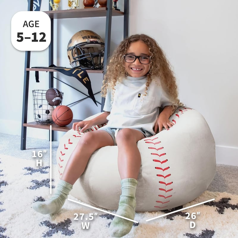 Baseball Plush Bean Bag Chair, Soft Polyester, 2.5 ft