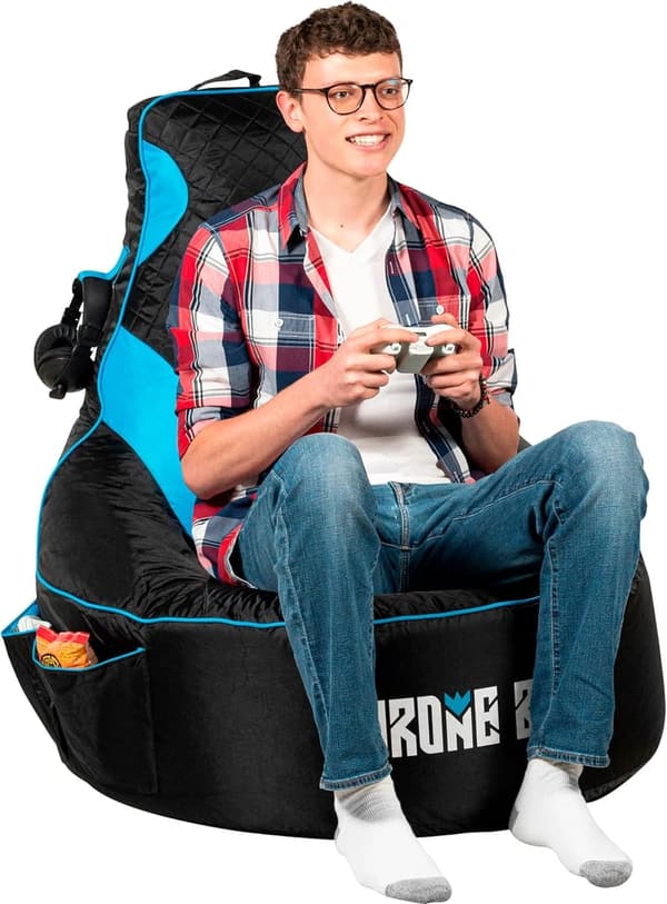Gaming Bean Bag Chair Cover for Adults & Teens - High Back with Cup Holder (Black/Blue)