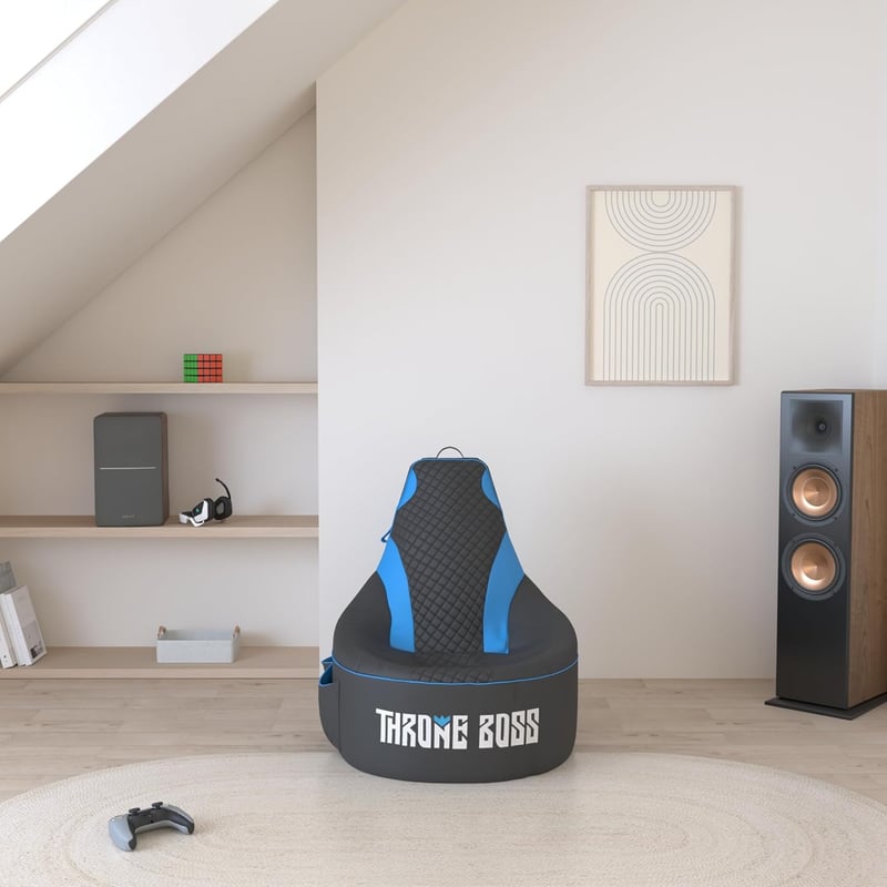 Gaming Bean Bag Chair Cover for Adults & Teens - High Back with Cup Holder (Black/Blue)