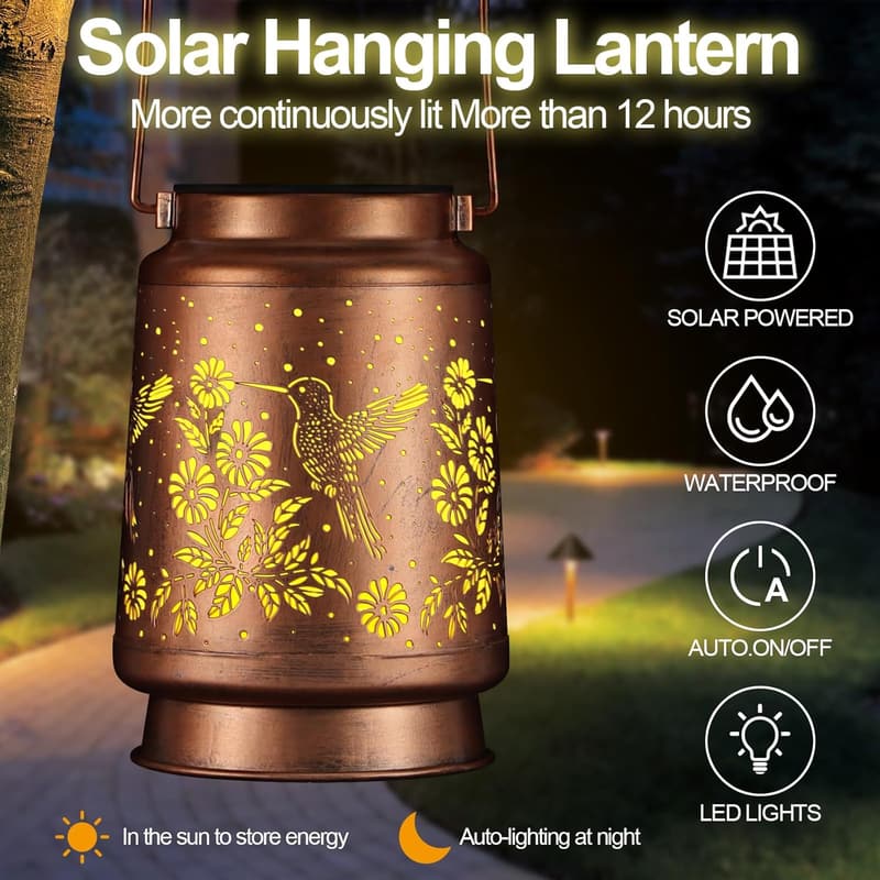 Hummingbird Outdoor Solar Lantern for Women - Waterproof Metal Decor