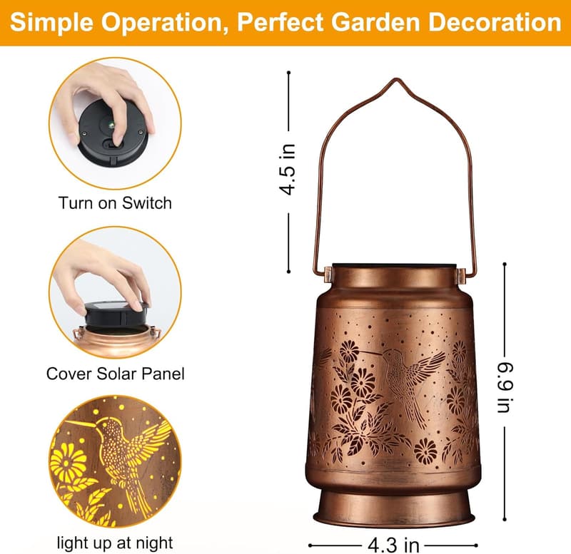 Hummingbird Outdoor Solar Lantern for Women - Waterproof Metal Decor