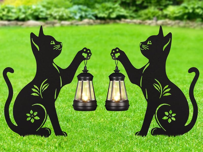 Solar Outdoor Garden Cat Stakes with Lantern - 2 Pack
