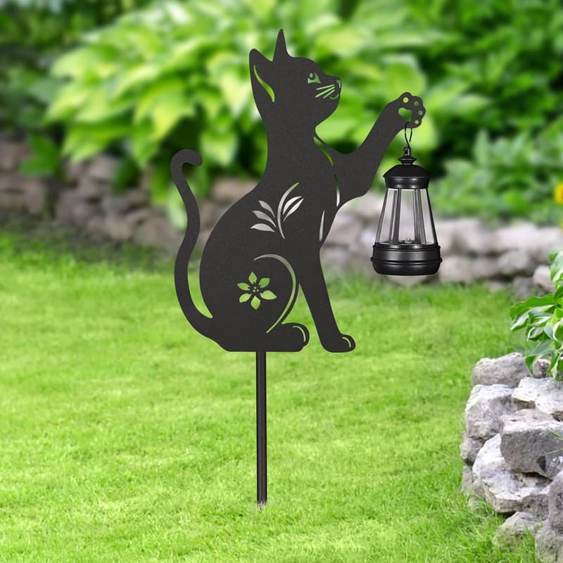 Solar Outdoor Garden Cat Stakes with Lantern - 2 Pack