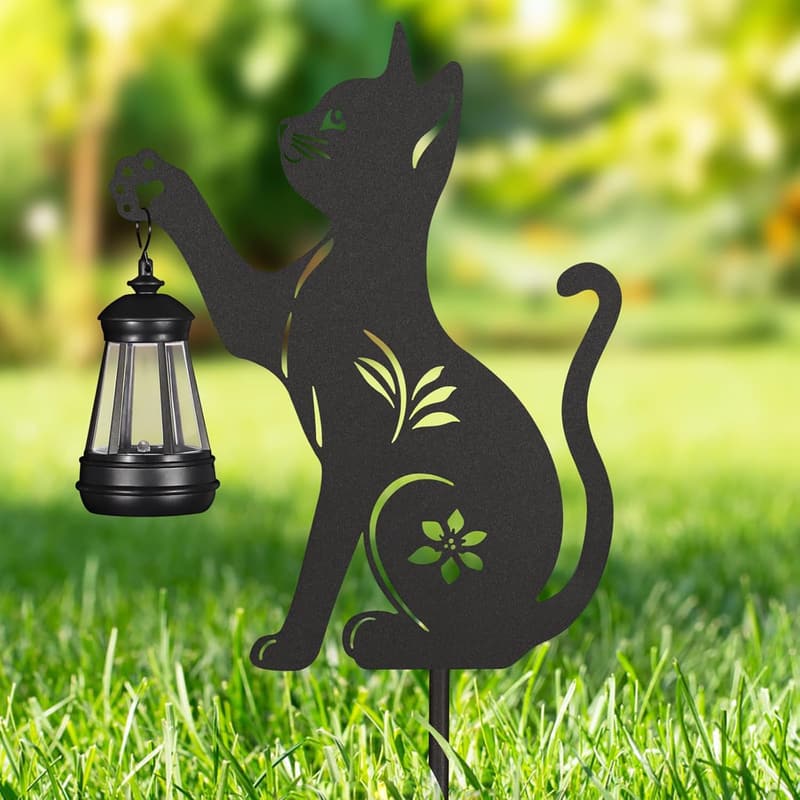 Solar Outdoor Garden Cat Stakes with Lantern - 2 Pack