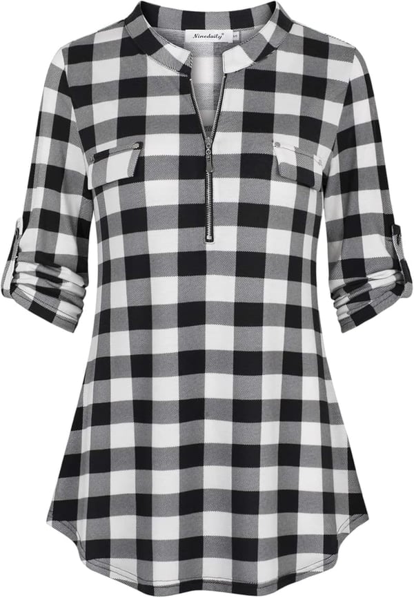 Women's Casual Floral Plaid Tunic Blouse with Zip