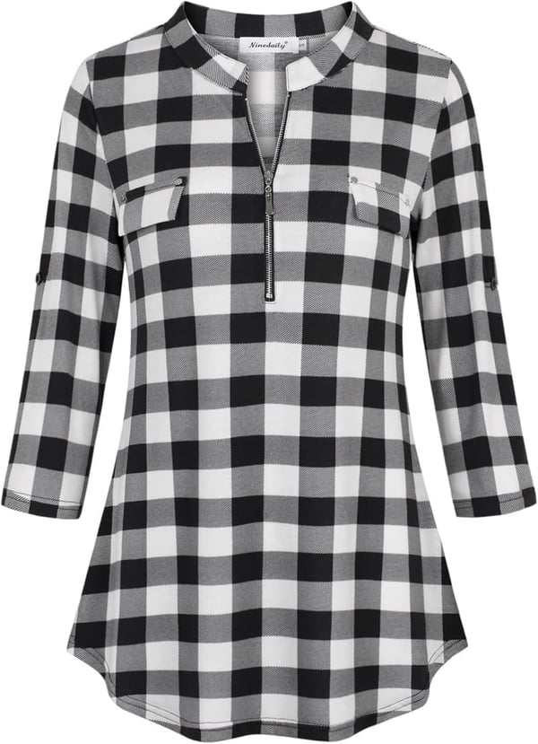 Women's Casual Floral Plaid Tunic Blouse with Zip