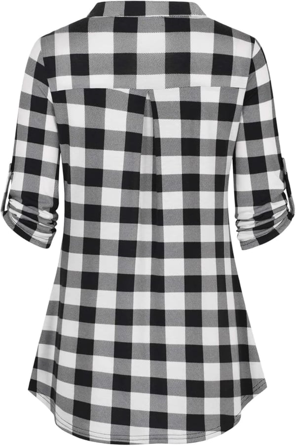 Women's Casual Floral Plaid Tunic Blouse with Zip