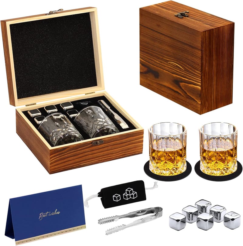 Whiskey Set Gift for Men - 6 Stainless Steel Stones & 2 Crystal Glasses