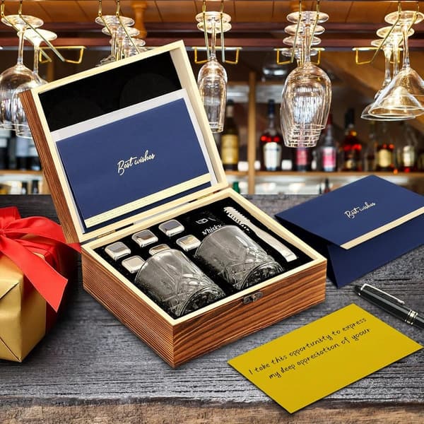 Whiskey Set Gift for Men - 6 Stainless Steel Stones & 2 Crystal Glasses