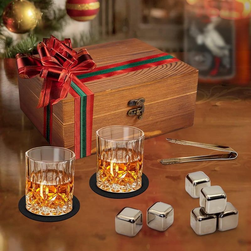 Whiskey Set Gift for Men - 6 Stainless Steel Stones & 2 Crystal Glasses