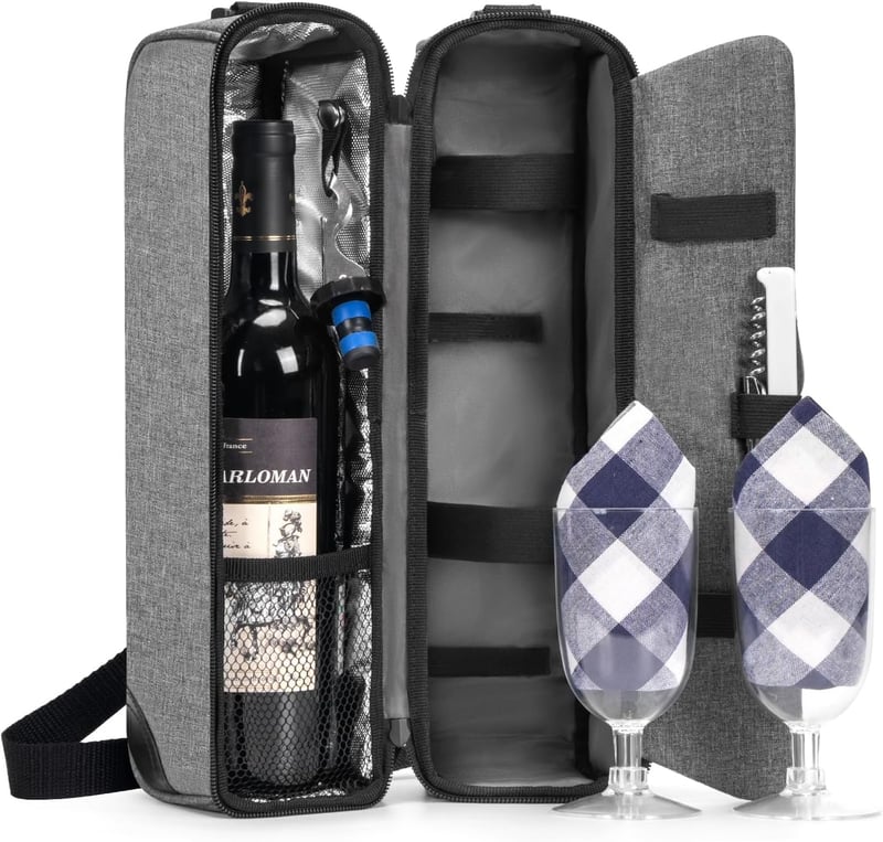 Gray Wine Tote with Cooler Compartment and Tableware Set
