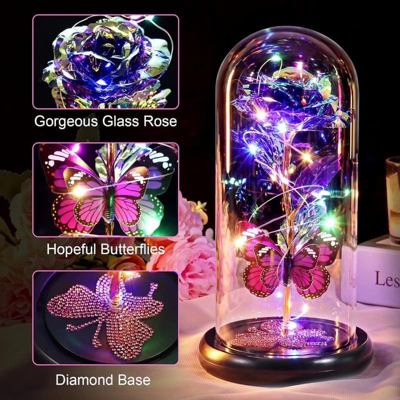 Light Up Purple Rose in Glass Dome - Mother's Day Gift for Her