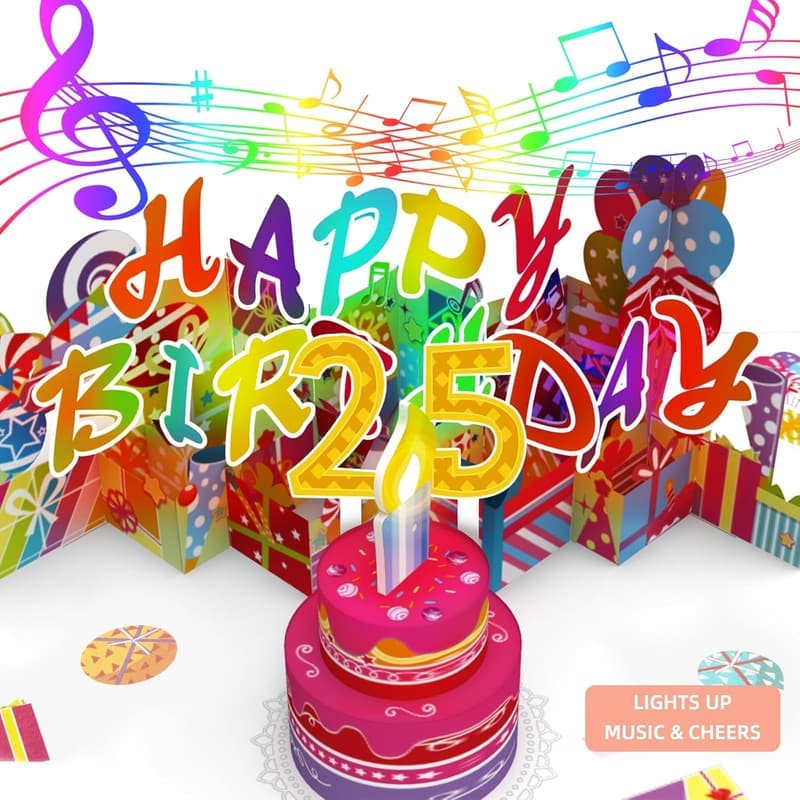 25th Birthday Musical Pop-Up Card with Colorful Candle and Sound