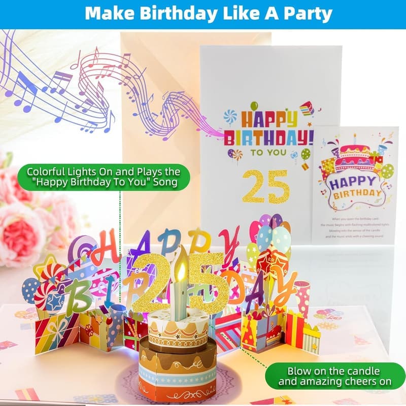 25th Birthday Musical Pop-Up Card with Colorful Candle and Sound
