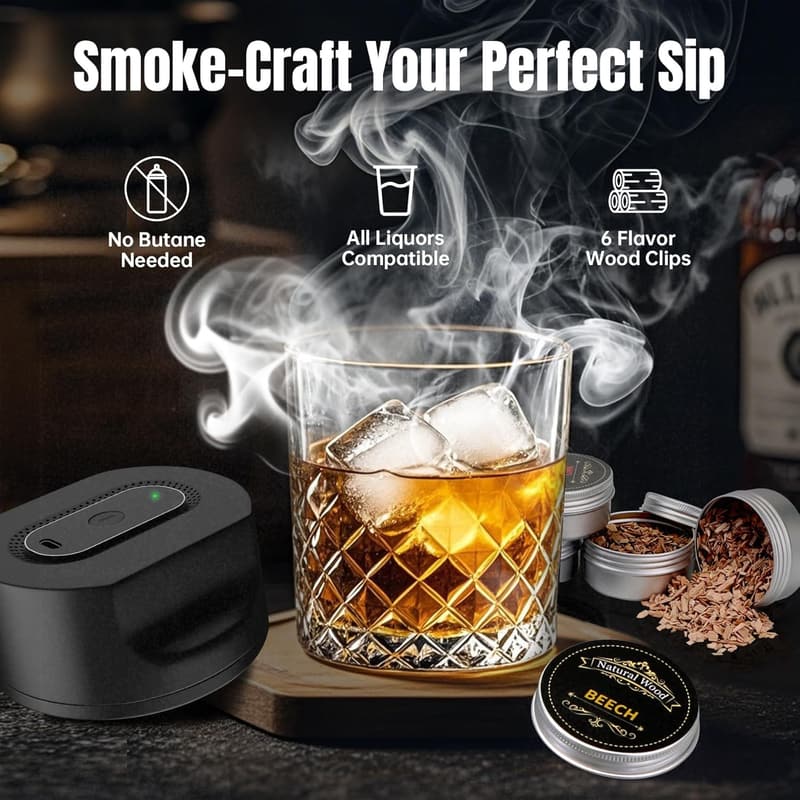 Portable Cocktail Smoker Kit with 6 Wood Chips – USB-C Rechargeable