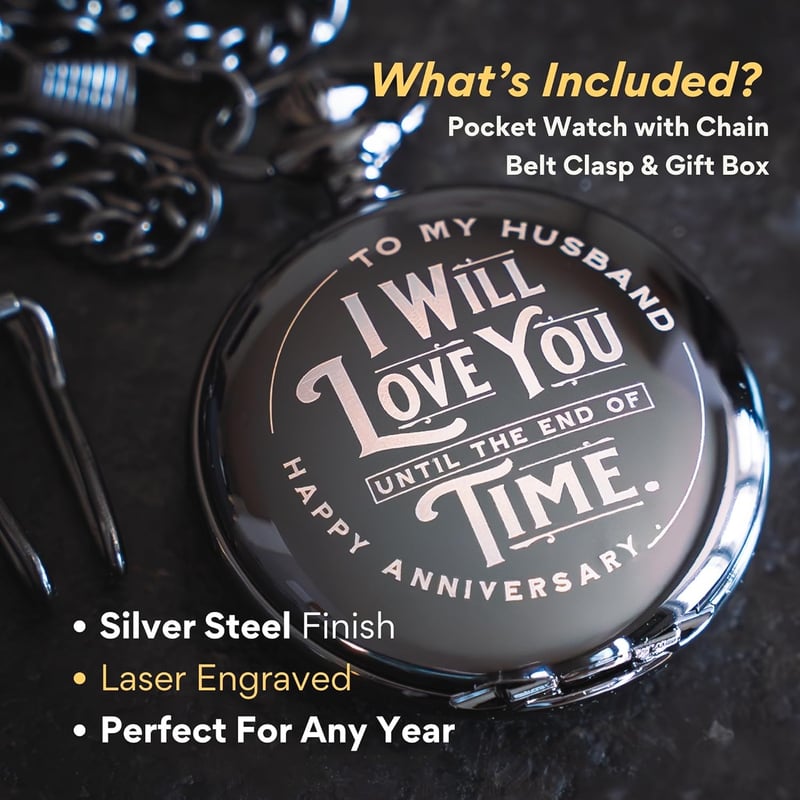 Engraved Pocket Watch for Him - 1st, 15th Anniversary Gift