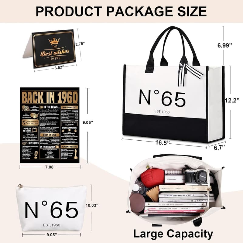 65th Birthday Gift Set: Tote & Cosmetic Bag with 1960 Poster