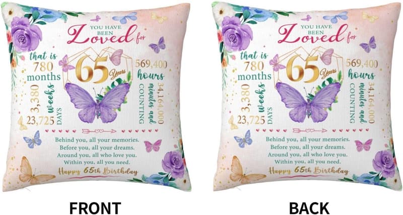 65th Birthday Throw Pillow Covers for Women, 18x18 Inches