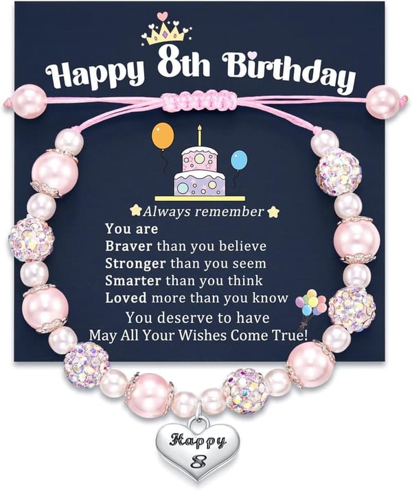 10th Birthday Pink Pearl Heart Charm Bracelet for Girls