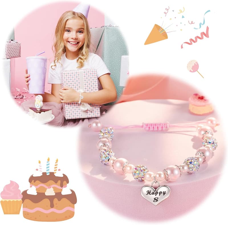 10th Birthday Pink Pearl Heart Charm Bracelet for Girls