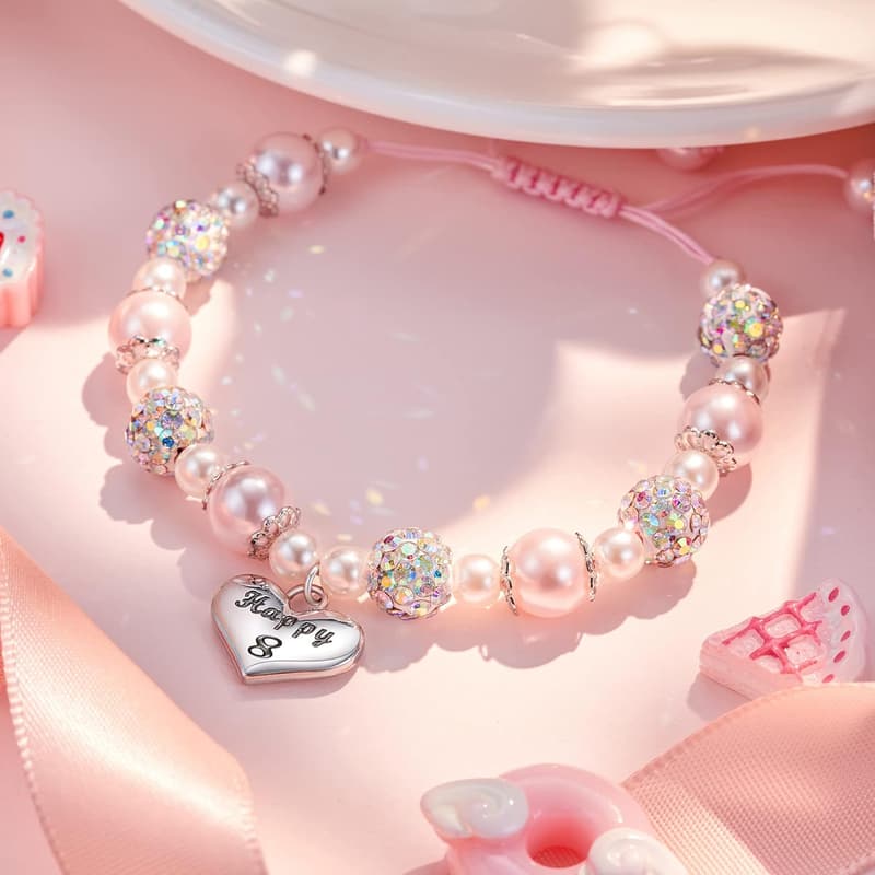 10th Birthday Pink Pearl Heart Charm Bracelet for Girls