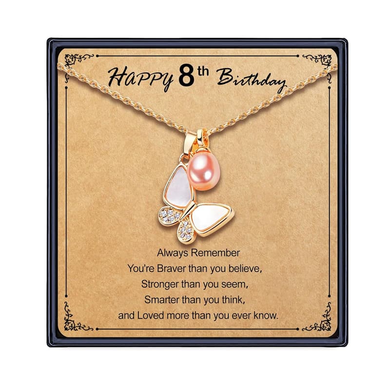 8th Birthday Butterfly Necklace for Girls with Pink Pearl & Card