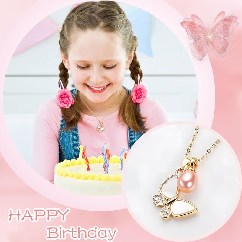 8th Birthday Butterfly Necklace for Girls with Pink Pearl & Card