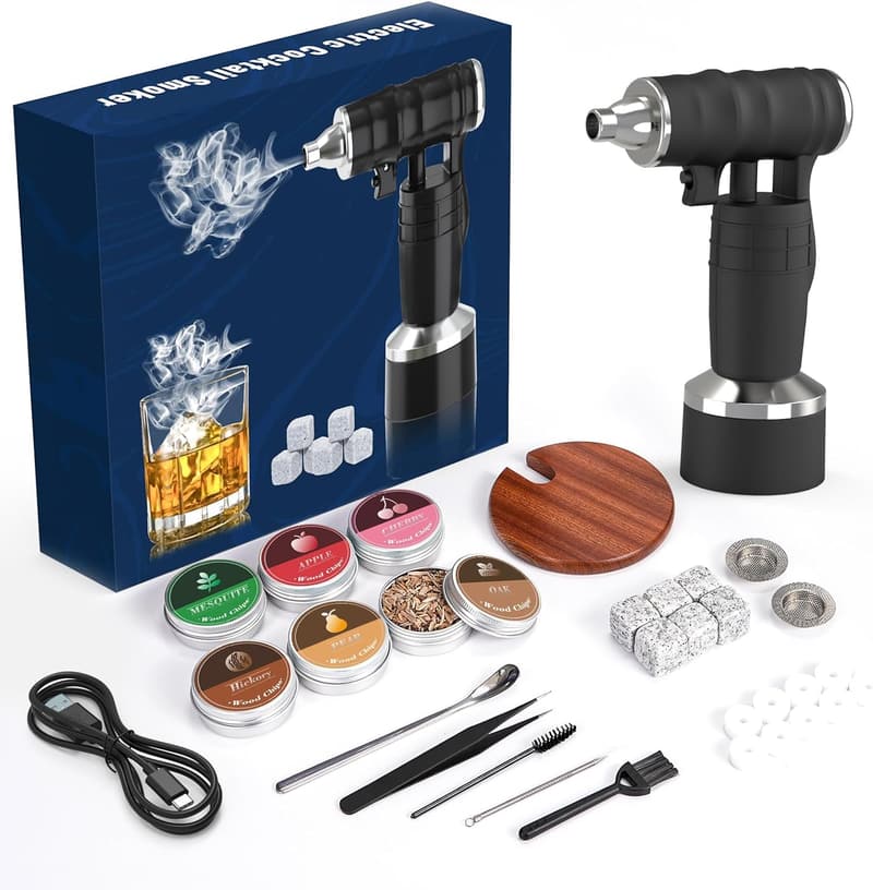 Electric Whiskey Smoker Set with 6 Wood Chips & Stones for Men