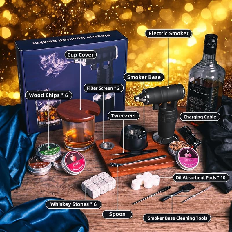 Electric Whiskey Smoker Set with 6 Wood Chips & Stones for Men