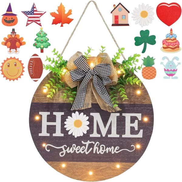 Rustic Wooden Welcome Sign with 14 Changeable Icons & LED Lights