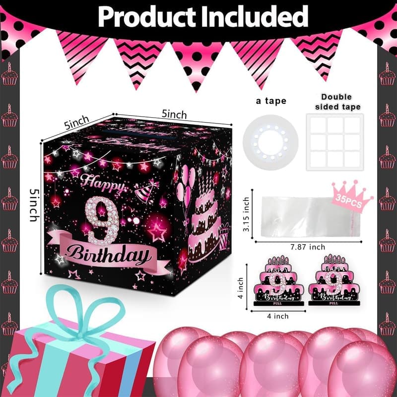 9th Birthday Money Box Surprise Gift for Kids - Pink Decor