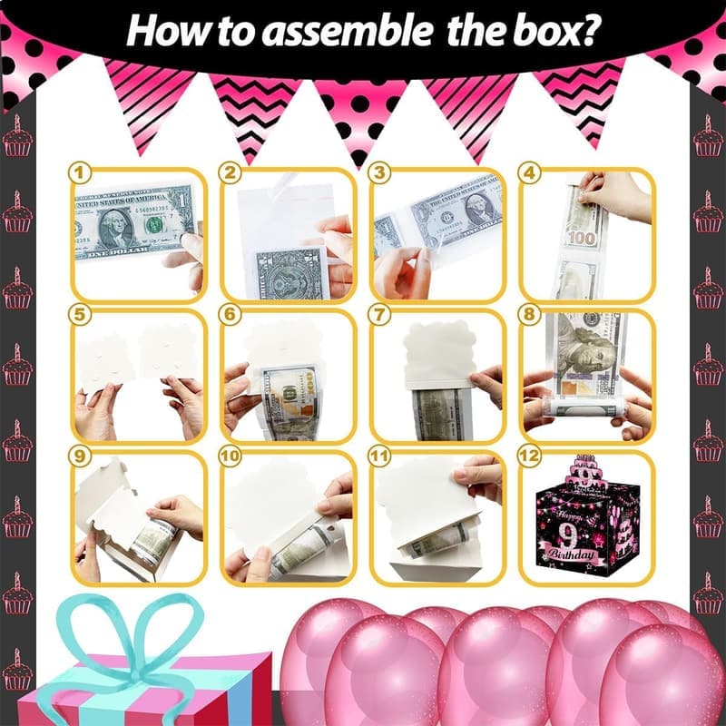 9th Birthday Money Box Surprise Gift for Kids - Pink Decor