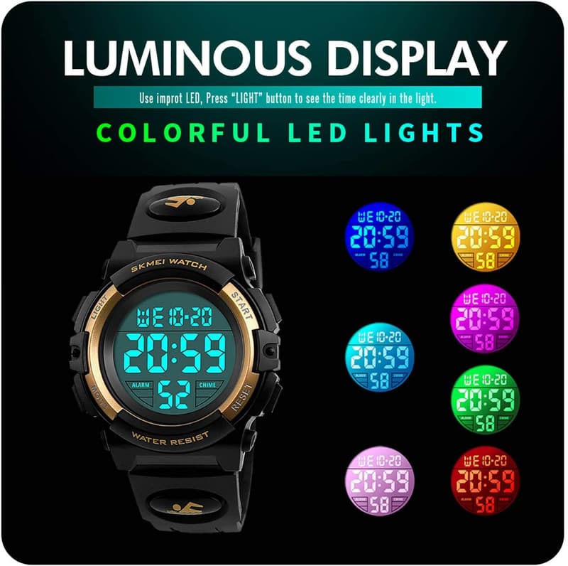 Kids Waterproof Digital Sports Watch with 7 Colorful LEDs