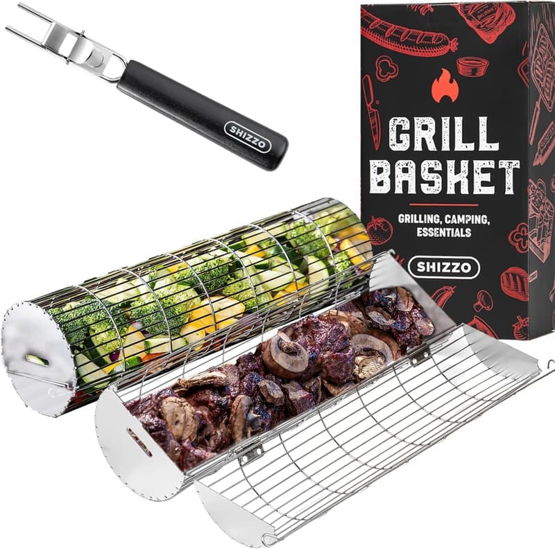 Outdoor BBQ Grill Basket Set of 2 - Stainless Steel, Sturdy Design