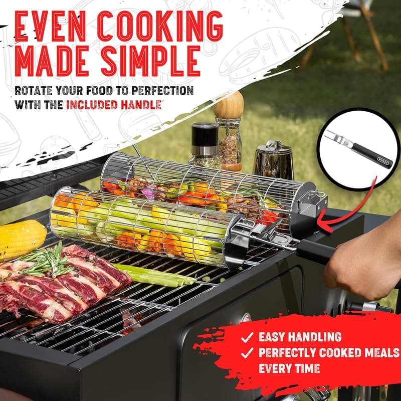 Outdoor BBQ Grill Basket Set of 2 - Stainless Steel, Sturdy Design