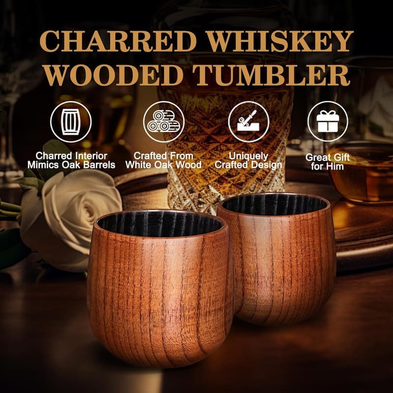 Bourbon Gifts for Men: 10oz Charred Wooden Tumblers (2-Pack)